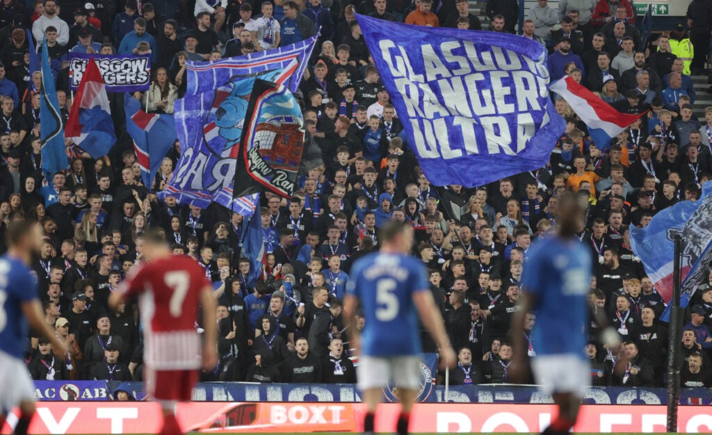 Rangers fans during the pre-season friendly match between Rangers and Olympiaco at Ibrox Stadium on July 26, 2023 in Glasgow, Scotland.