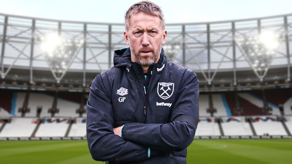 West Ham manager Graham Potter with his arms crossed at the London Stadium